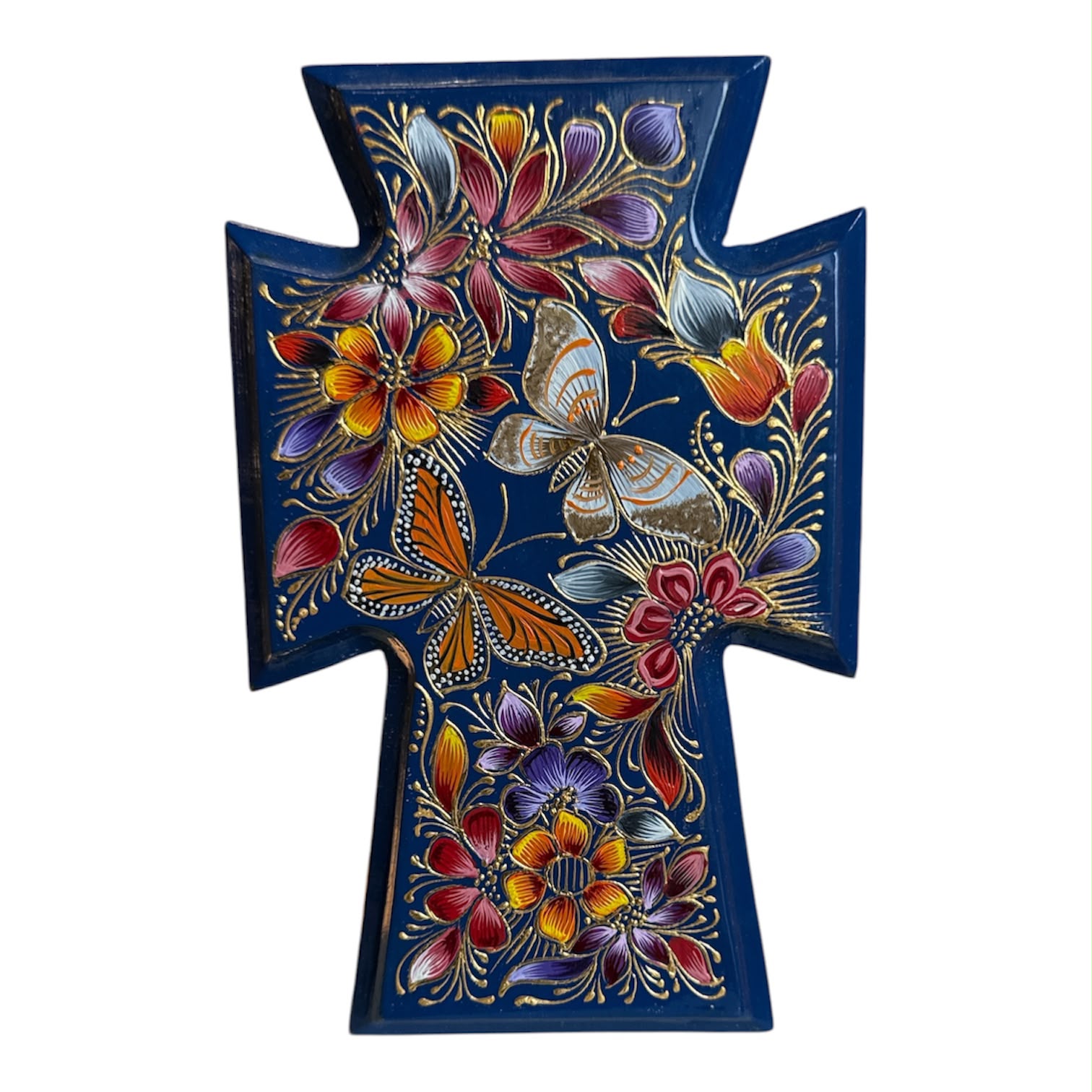 Cruz de Mariposas Policromada en Técnica Maque, Azul –  –  – Casa Tesoro de México